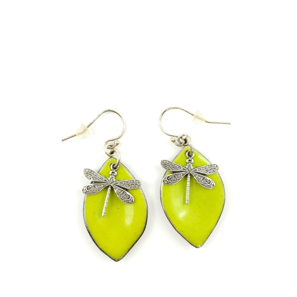 Dragonfly Green Enamel Boho Earrings